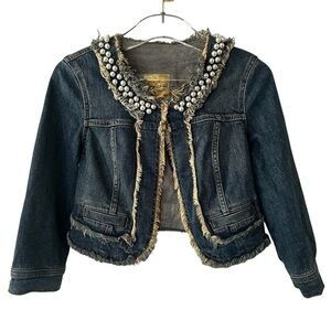 VERA WANG PRINCESS PEARL EMBELLISHED CROPPED DENIM JACKET SZ XS